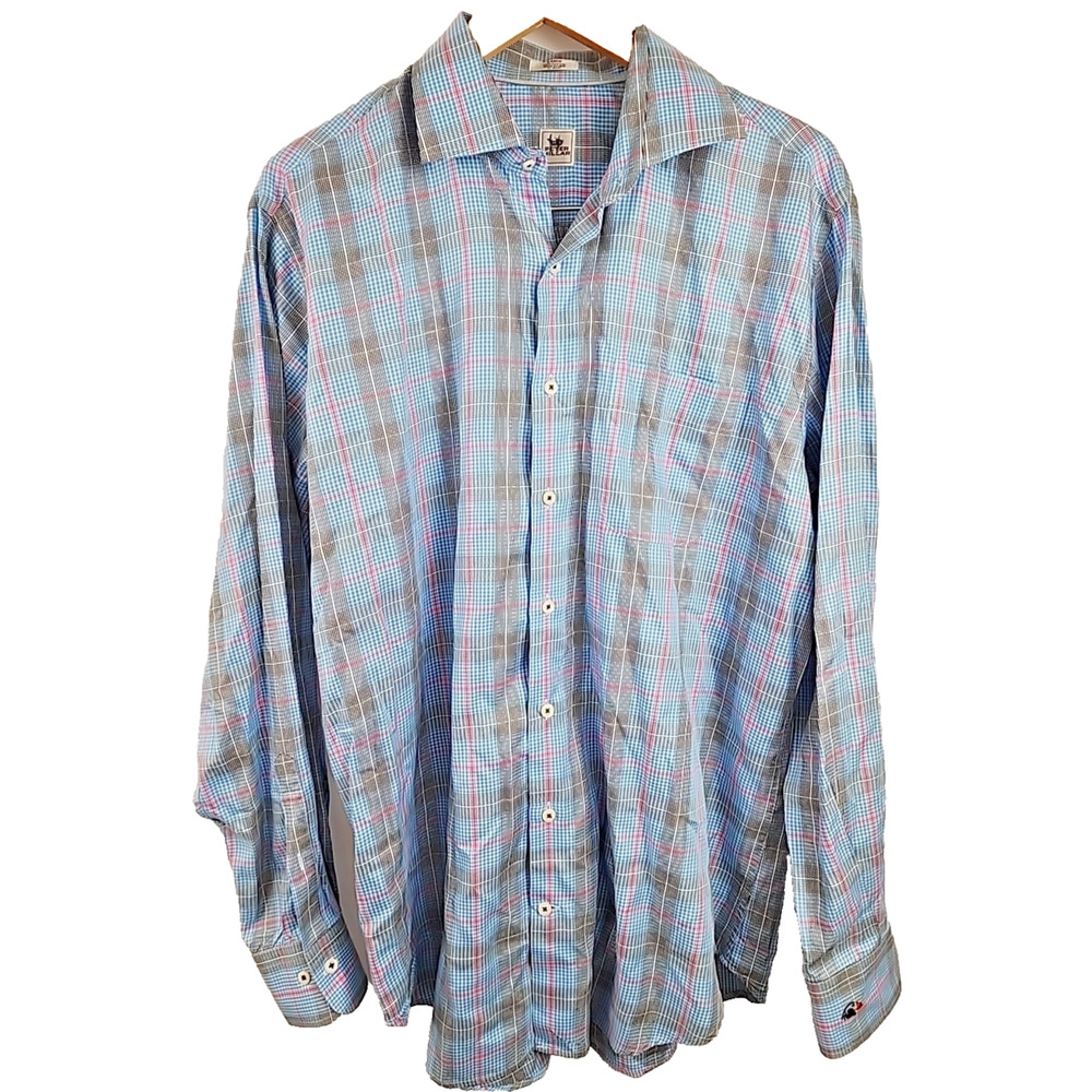 Peter Millar Large Long Sleeve Button Up Shirt Blue Black Pink Plaid w/ Bird
